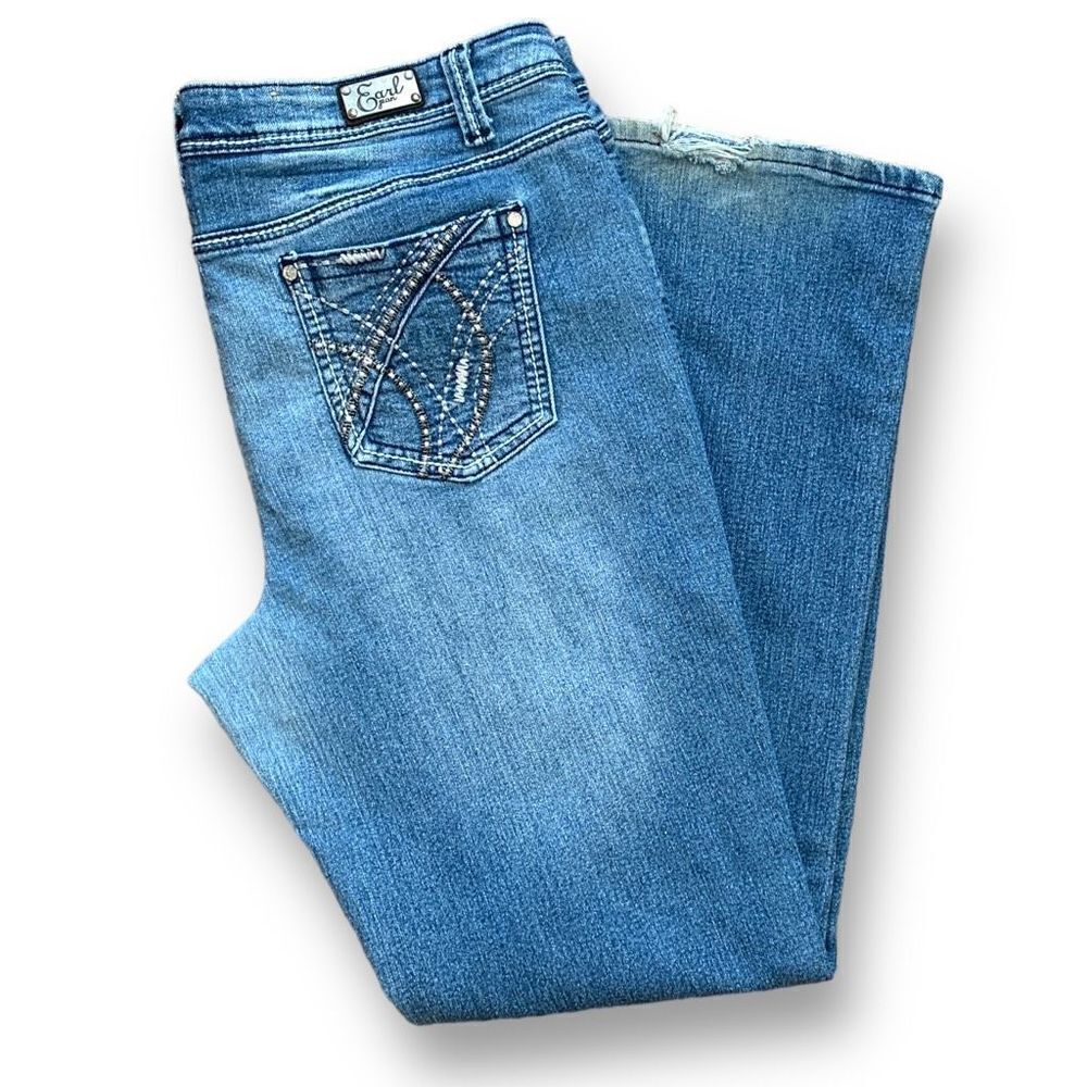 Earl Jeans High Rise Medium Wash Stretch Denim Bootcut Flare Embellished Pocket